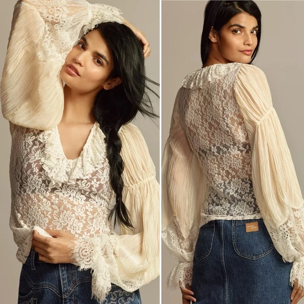 BY ANTHROPOLOGIE Wide-Sleeve Sheer Lace Top